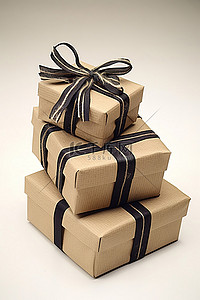 包裹丝带背景图片_3盒，黑色绳子，米色包裹