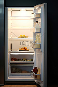 门开着的冰箱，里面有一些食物