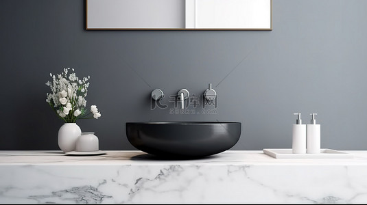 陶瓷容器背景图片_现代浴室模型的 3D 渲染，大理石台面上配有陶瓷容器水槽