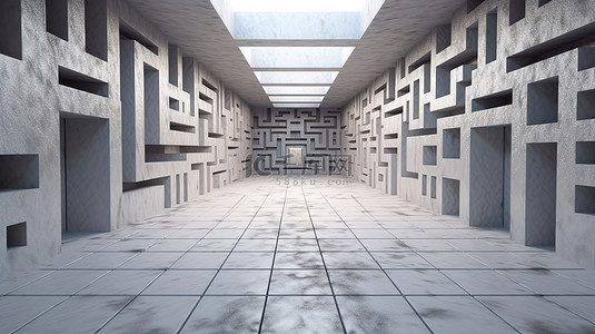难背景图片_中心有开放空间的混凝土墙迷宫的 3D 渲染