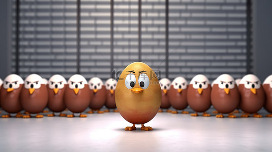 3D 渲染的棕色鸡蛋角色吉祥物的特写，在警察阵容或照片背景前摆姿势