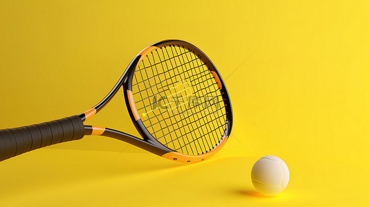 黄色的网球背景图片_黄色背景展示 3D 网球拍运动器材渲染