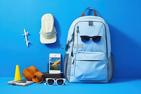 蓝色背景上的包相机太阳镜和背包以及其他配件