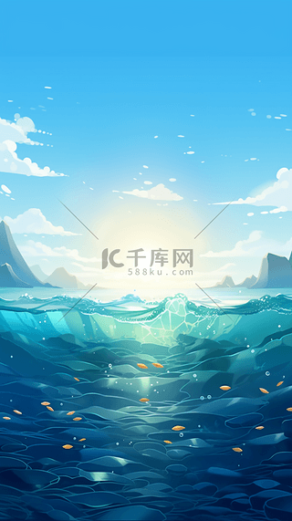 海洋背景图片_蓝天白云太阳海平面卡通插画背景