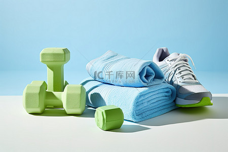 一双蓝色运动鞋绿色哑铃和一条蓝色毛巾
