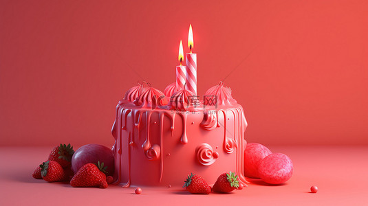 3d 草莓生日蛋糕，带点燃蜡烛的美味粉色点心