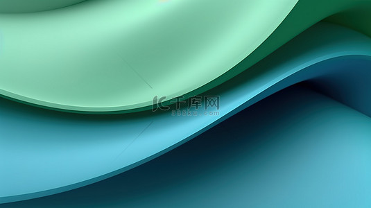 3D 渲染奶油色背景，纸上带有抽象的绿色蓝色曲线