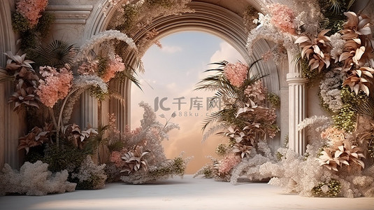 浪漫花卉背景背景图片_迷人的花园天堂 3D 呈现的幻想花卉背景