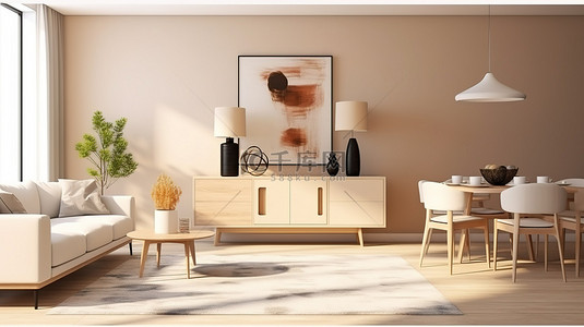 3D 渲染别致的客厅，配有米色沙发餐桌抽屉柜地毯和散热器