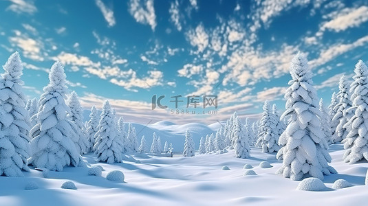 节日冬季仙境 3D 景观，有雪堆和雪杉树，圣诞快乐