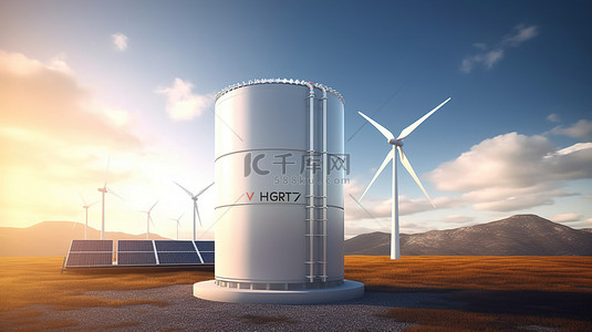 氢能应用背景图片_背景为太阳能电池板和风力涡轮机的氢能储气罐的 3D 渲染