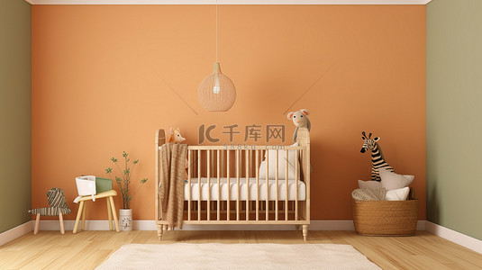 托儿所的木制婴儿床 3D 渲染的室内设计