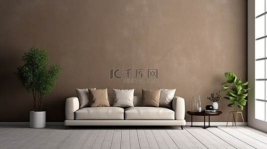 浅色家具背景图片_现代室内房间米色墙壁上时尚棕色沙发的 3D 渲染，配有黑色浅色墙模型
