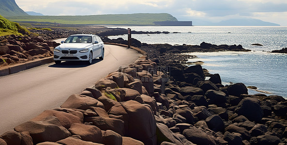 点赞手势人偶背景图片_一辆白色汽车沿着一条布满岩石的狭窄小路行驶