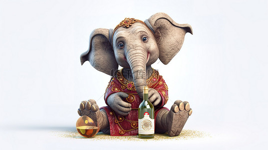 俏皮的 3D 大象插画和一瓶酒