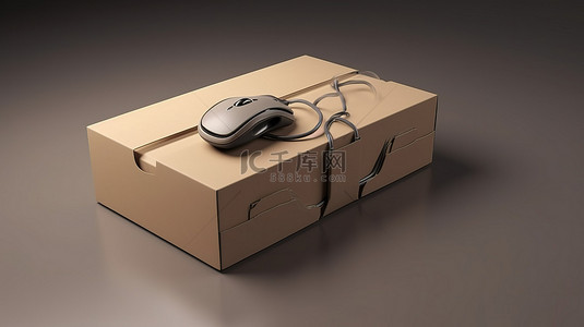 握鼠标的手背景图片_计算机鼠标连接到轮式纸板箱 3d 渲染