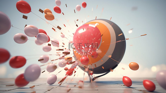 装饰箭头背景图片_商业概念插图靶心成功与气球装饰目标和箭头熟练地渲染在 3D