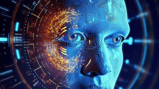 科技机器人脸背景图片_带有澳元货币面的未来派全息机器人头的 3D 渲染