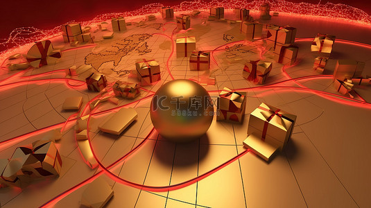 金色和红色电脑鼠标链接到一个面向美国的地球仪，周围环绕着 3D 渲染的礼品盒