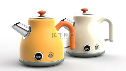 温度直降背景图片_复古设计的电热水壶，带温度控制 3D 渲染白色背景