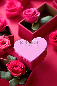 红玫瑰花球背景图片_红色心形盒子，里面有粉红玫瑰
