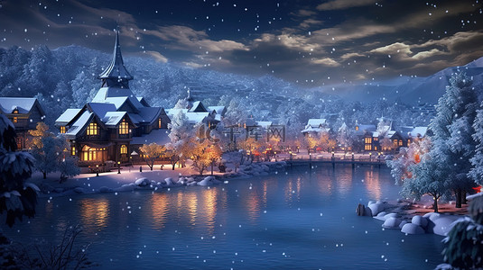 迷人的夜间村庄和雪景精致别致的 3D 插图非常适合冬季假期