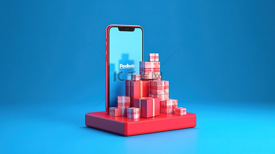 风扇商城背景图片_电子商务智能手机和蓝色背景纸盒的 3D 渲染，用于在线购物概念