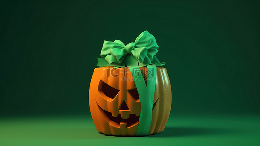 绿色背景，3D 渲染快乐万圣节南瓜头和礼品盒，10 月 31 日有大量可用复制空间