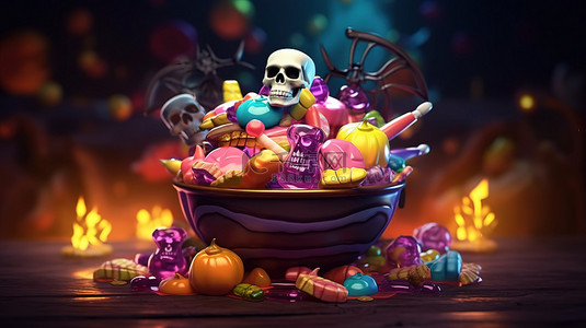怪异的万圣节氛围女巫的大锅帽子骨头头骨和漂浮在 3D 中的彩色糖果