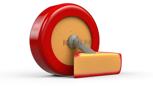 切达奶酪背景图片_蜡奶酪轮的白色背景 3D 渲染，具有红色色调和用于定制标签设计的空间