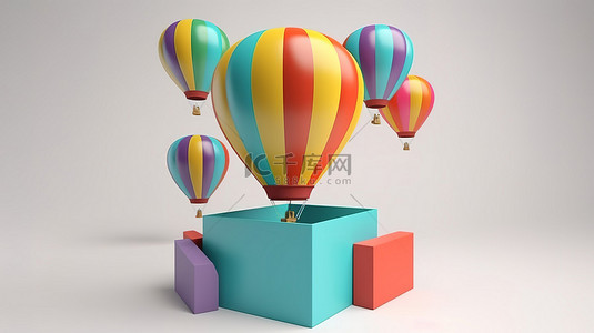 满载礼物的热气球在白色背景下的 3D 渲染中飙升