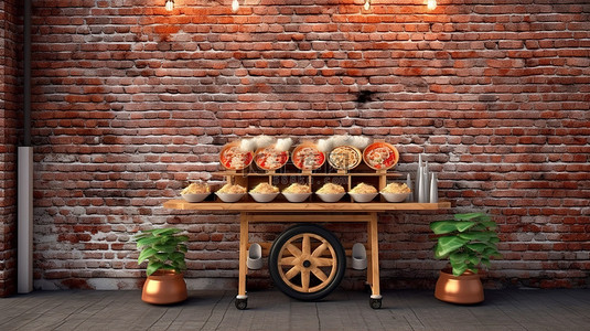 传统亚洲肉丸面车的 3D 渲染，木质饰面放置在砖墙背景上，并配有舒适的椅子