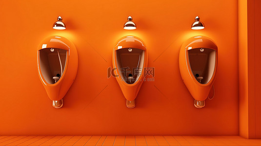 公共卫生间单色男式小便池的橙色背景 3D 渲染