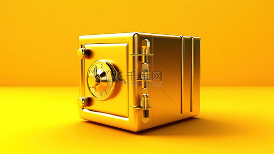 用黄色背景下的金色钢保险箱保护您的财富 3D 渲染的安全​​概念