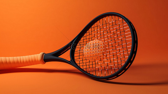 橙色背景与网球拍和球的 3D 渲染
