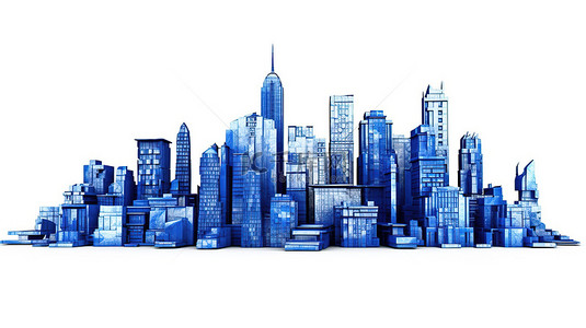 白色背景上蓝色大城市交叉的 3D 渲染
