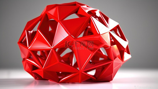 白色地板的 3D 渲染中的红色二十面体