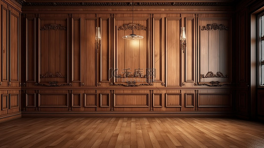 经典墙壁中的复古棕色山毛榉木板 3D 室内背景细木工插图