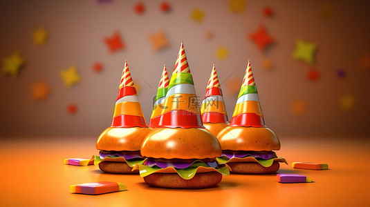 马苏里拉芝士碎背景图片_3d 渲染的汉堡包用派对帽庆祝