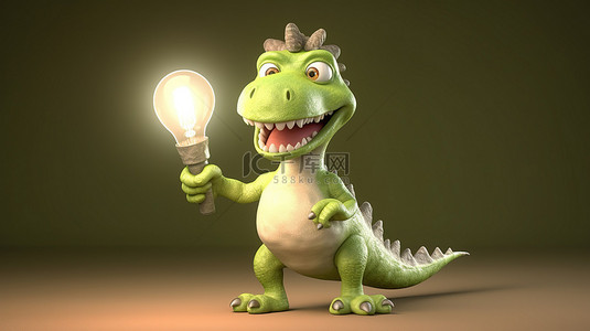 有趣的 3D 恐龙人物，手里有一个标志和一个灯泡