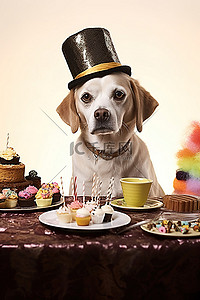 一只狗坐在一盘零食和帽子前面