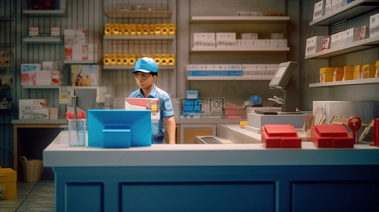 亚裔店员站在 3D 渲染的收银台旁边