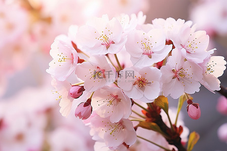 粉色，樱花背景图片_一些春天的花朵在树枝背面绽放