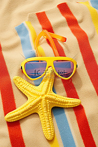 海滩上坐着一只戴着太阳镜和太阳镜的通气管的海星