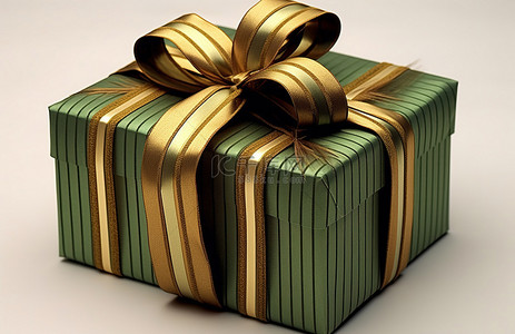 条纹丝带背景图片_带有棕色和金色条纹丝带的绿色礼品盒