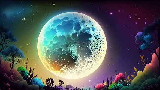 月亮彩色梦幻花树背景