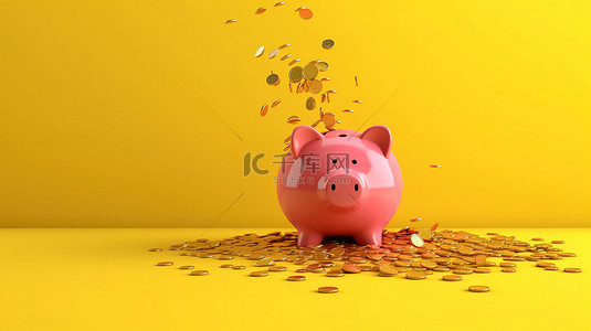 贷款黄色背景图片_粉红色存钱罐的 3D 渲染在黄色背景上捕捉掉落的硬币，并带有复制空间