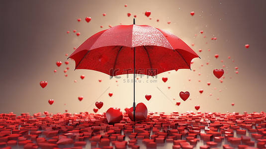 3d 插图一把浪漫的红伞与心