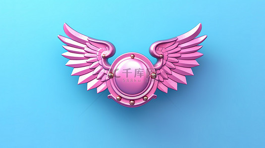 蓝色背景，带有 3D 粉色徽章，带有翅膀和充足的设计空间