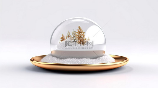 白色背景展示了带有金色托盘的透明雪球的 3D 渲染